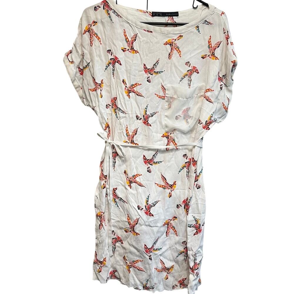 ZARA Belted Wrap Dress White Colorful Bird All‎ over Print Lightweight Beach XS